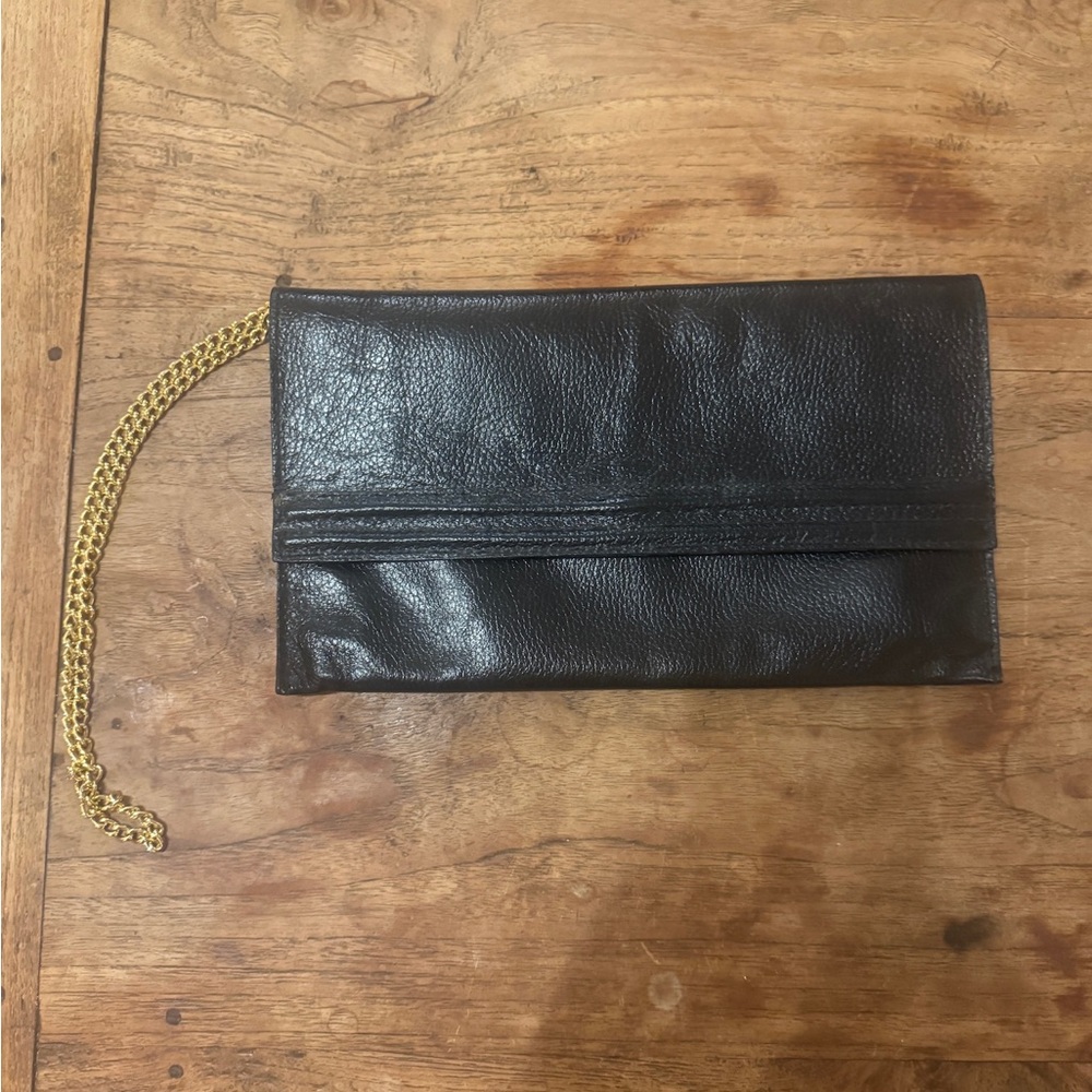Vintage Black Leather Clutch with Gold Chain